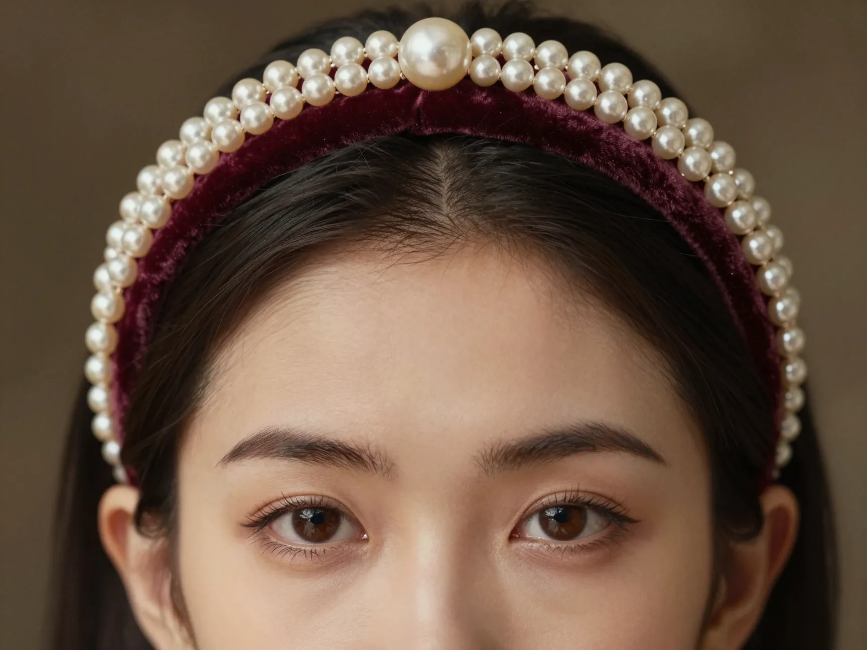 Embellished pearl and velvet headband on woman portrait