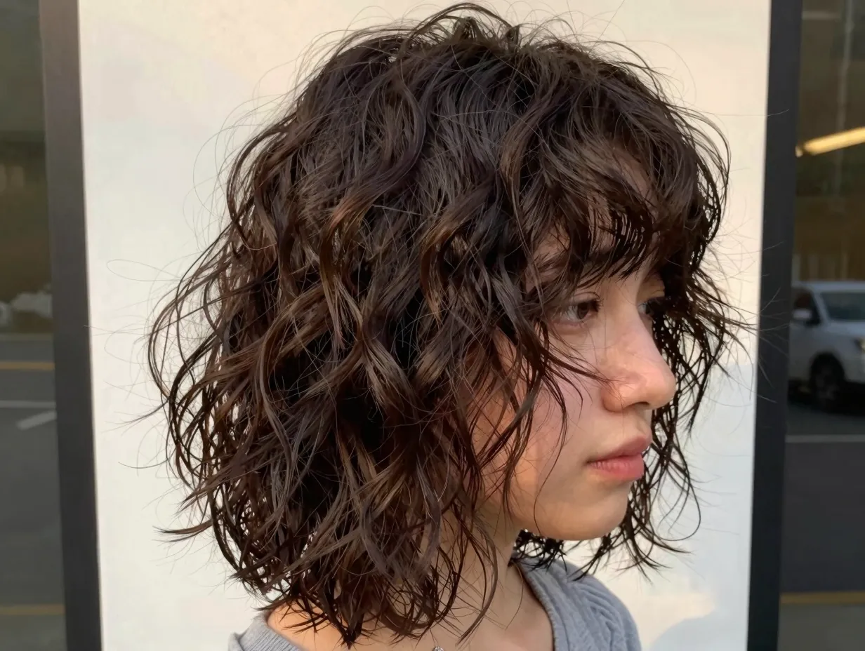Lived in butterfly haircut with tousled wavy hair texture