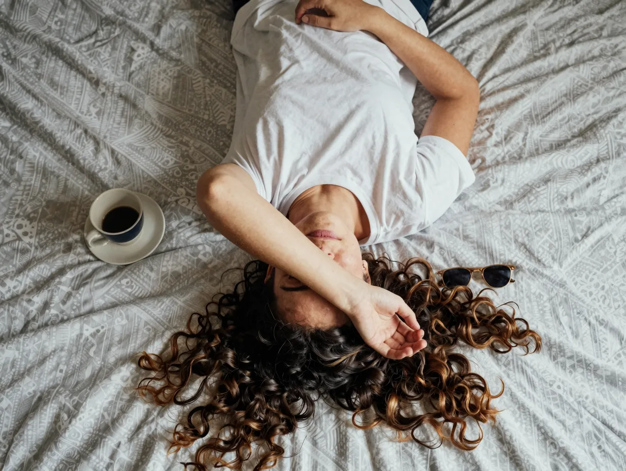 Overhead lifestyle shot lying on bed with arm over face
