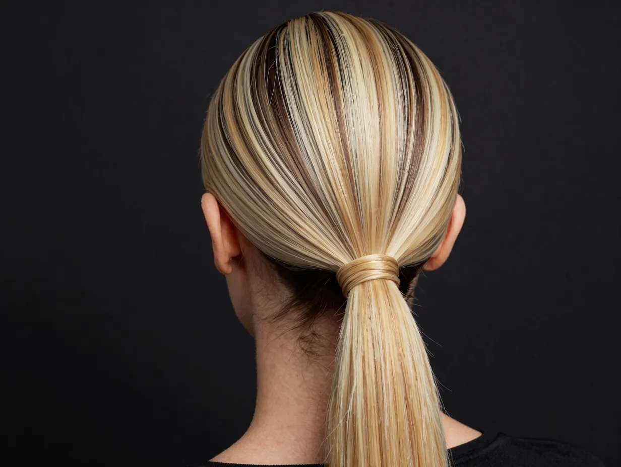 Sleek low ponytail with vertical blonde split color