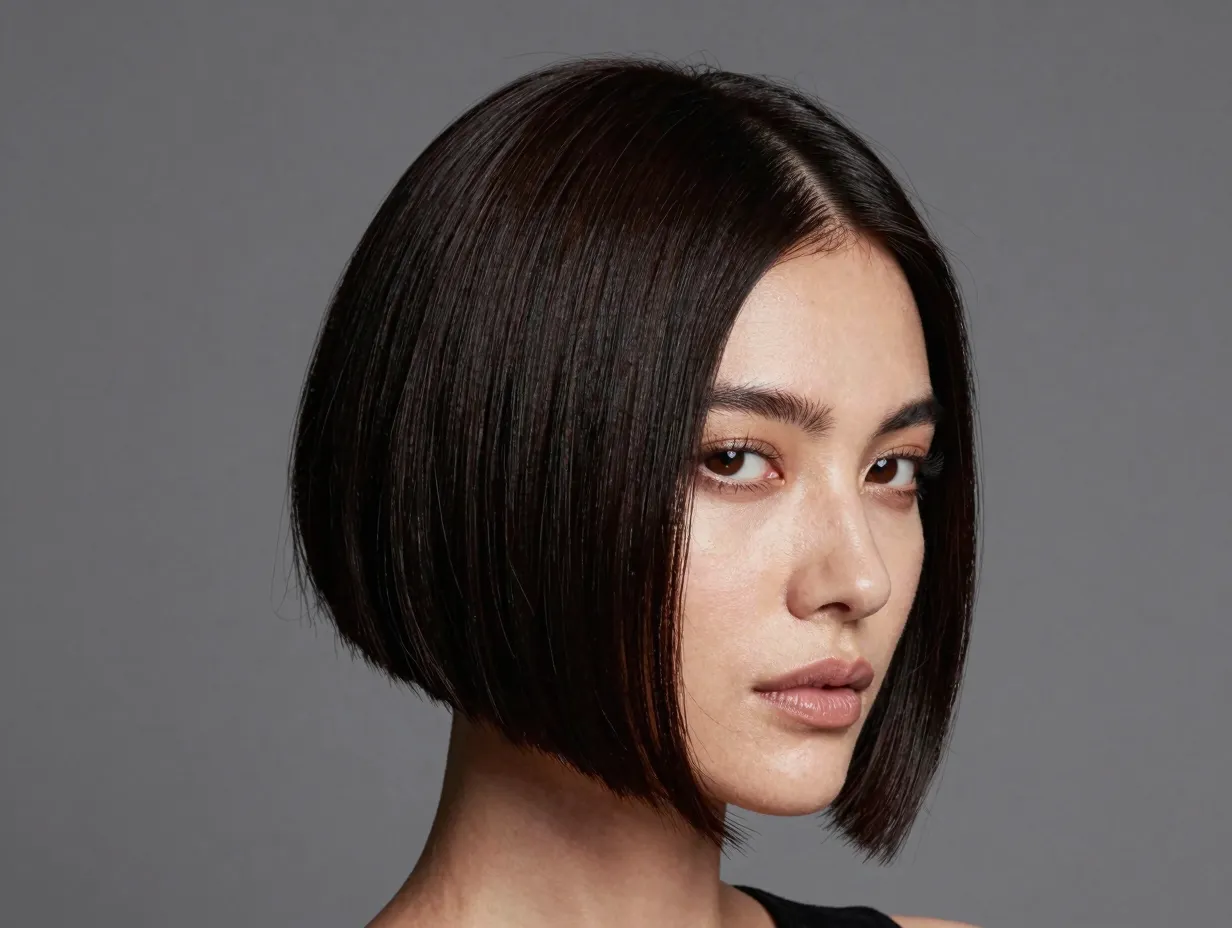 Sleek side part deep precise asymmetry light pomade finish