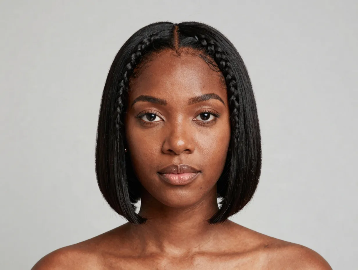 A black woman with a sleek chin length braided bob hairstyle
