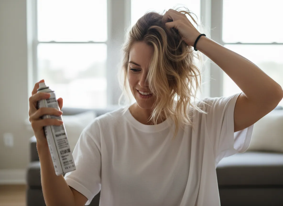 A woman scrunching texturizing spray into loose hair