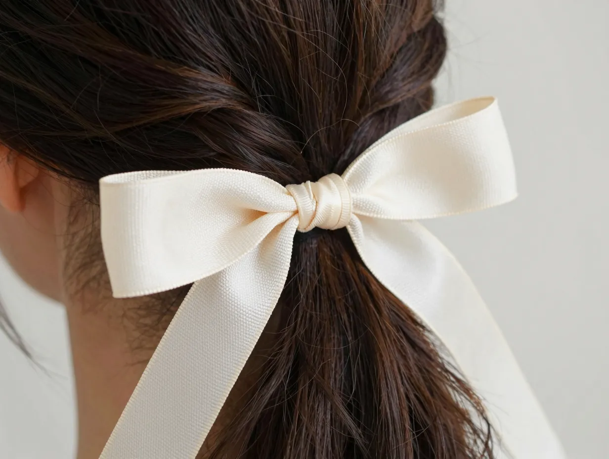 Coquette style ivory ribbon tied in bow on dark braid