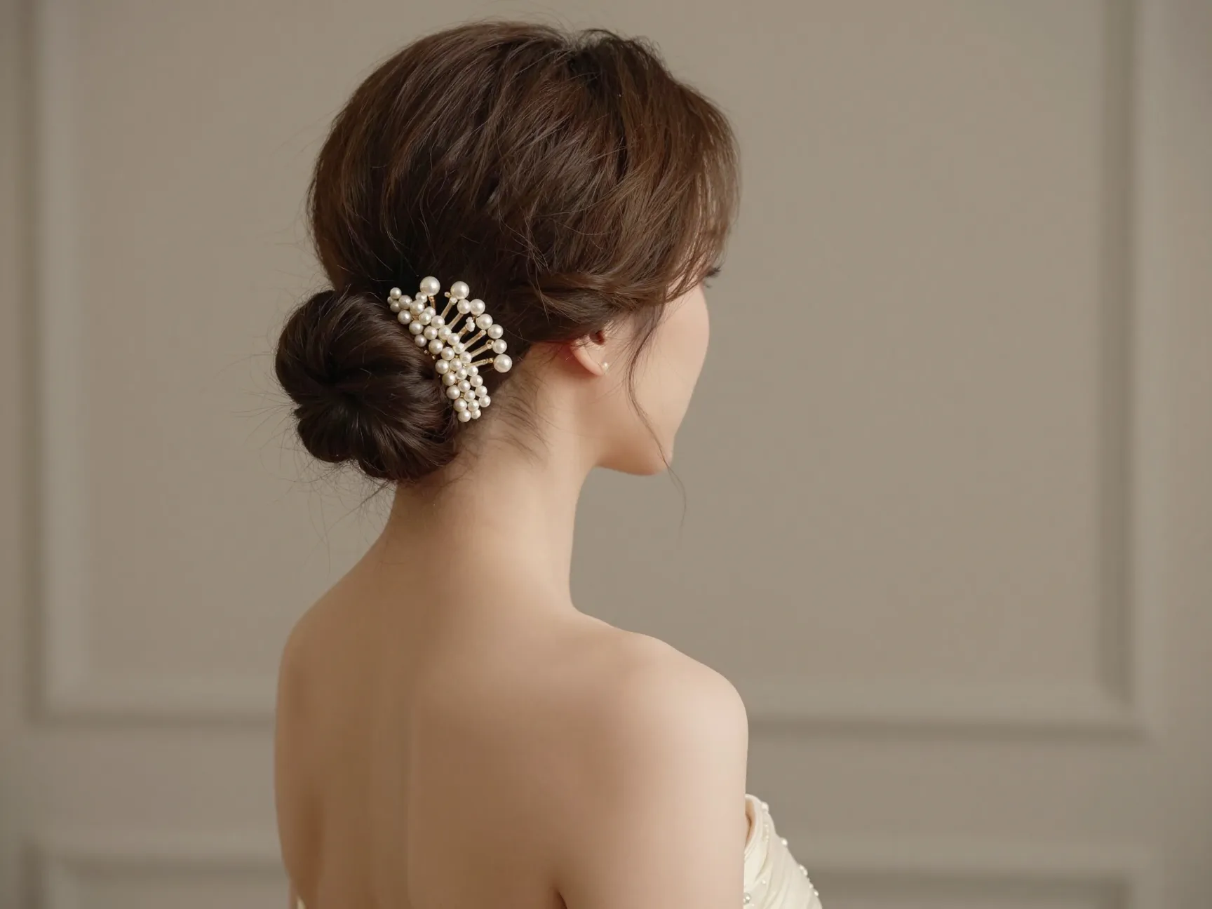 Elegant side swept chignon with pearl encrusted hair comb