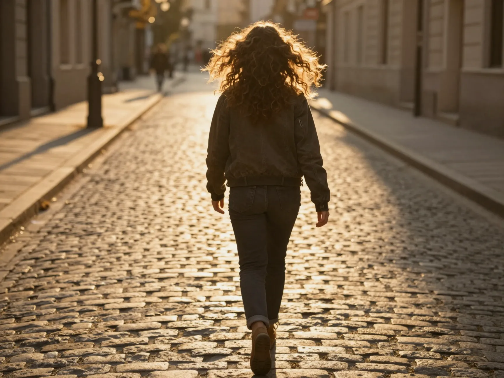 Golden hour walking away shot on cobblestone street