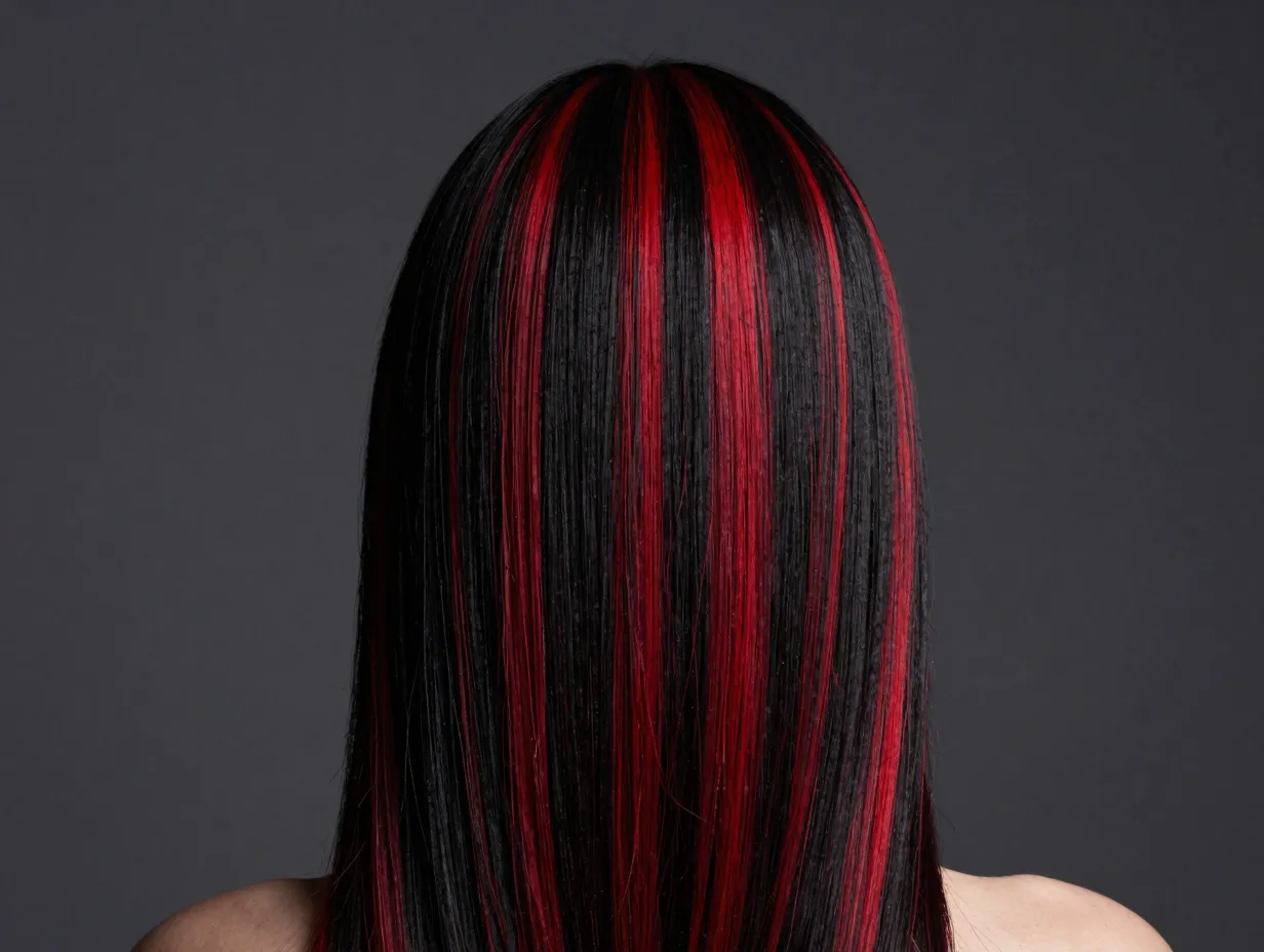 Vampy sleek black hair with bold defined red highlights