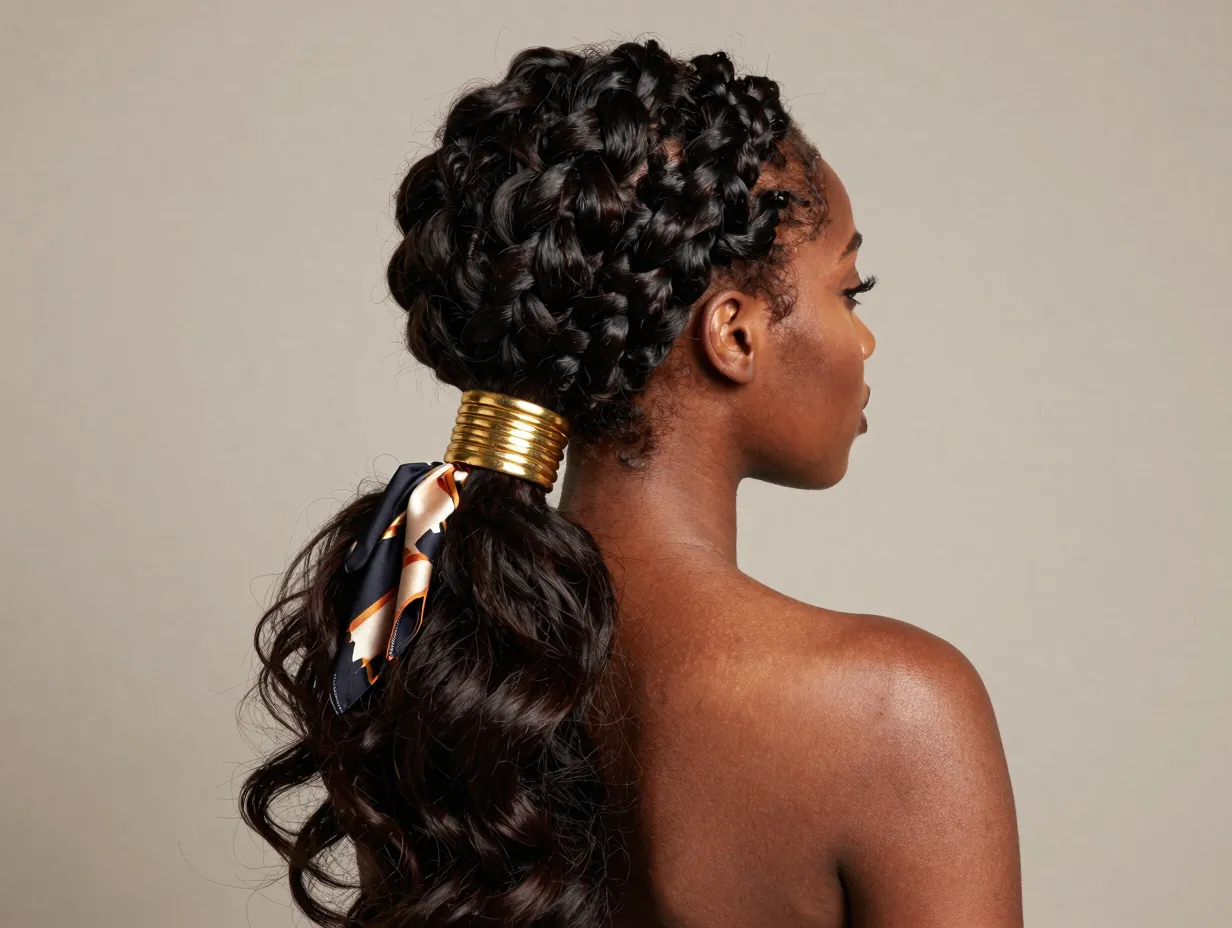 A black woman with a dramatic high butterfly braid ponytail