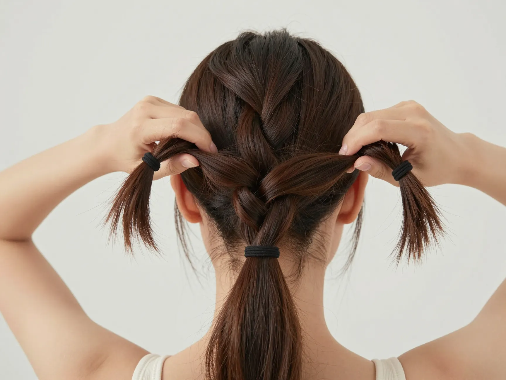 A woman twisting two hair sections away from her face