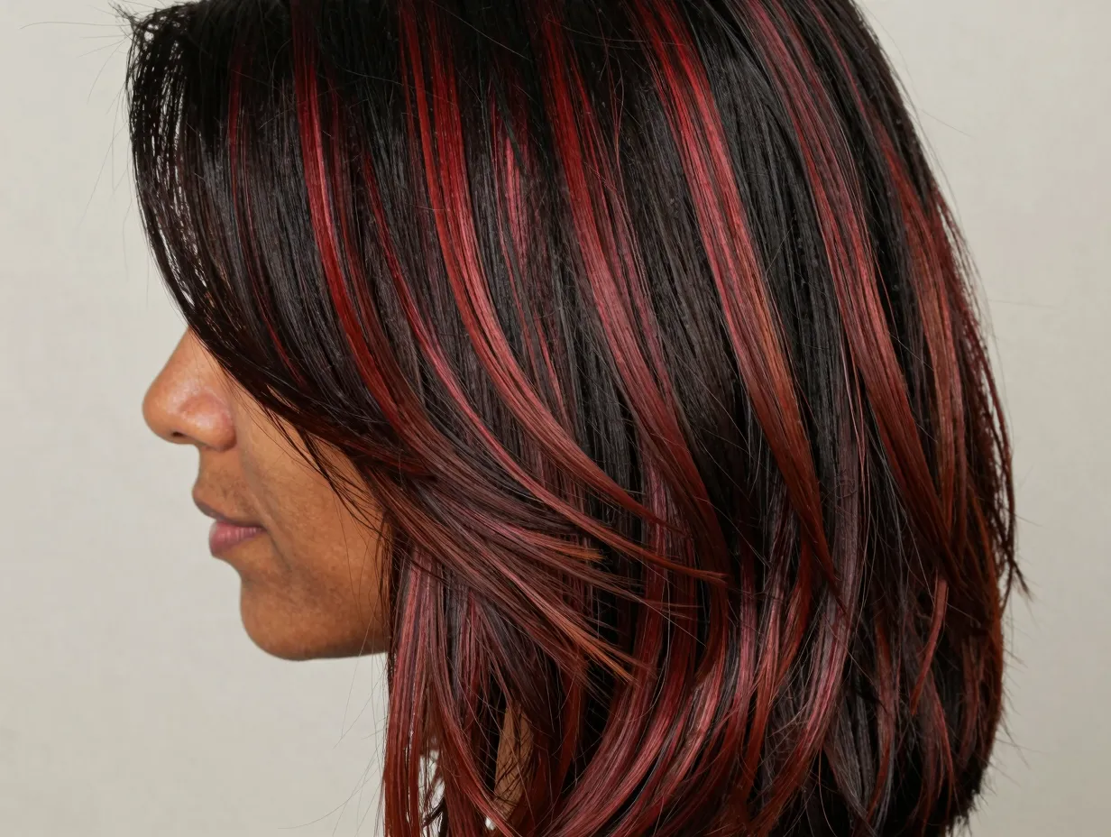 Auburn highlights from roots to midlengths on black hair