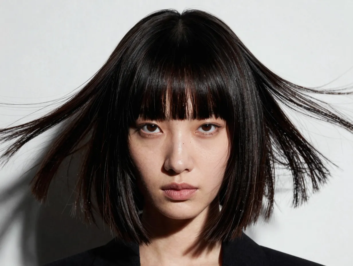 Face framing layers butterfly haircut with blunt straight bangs