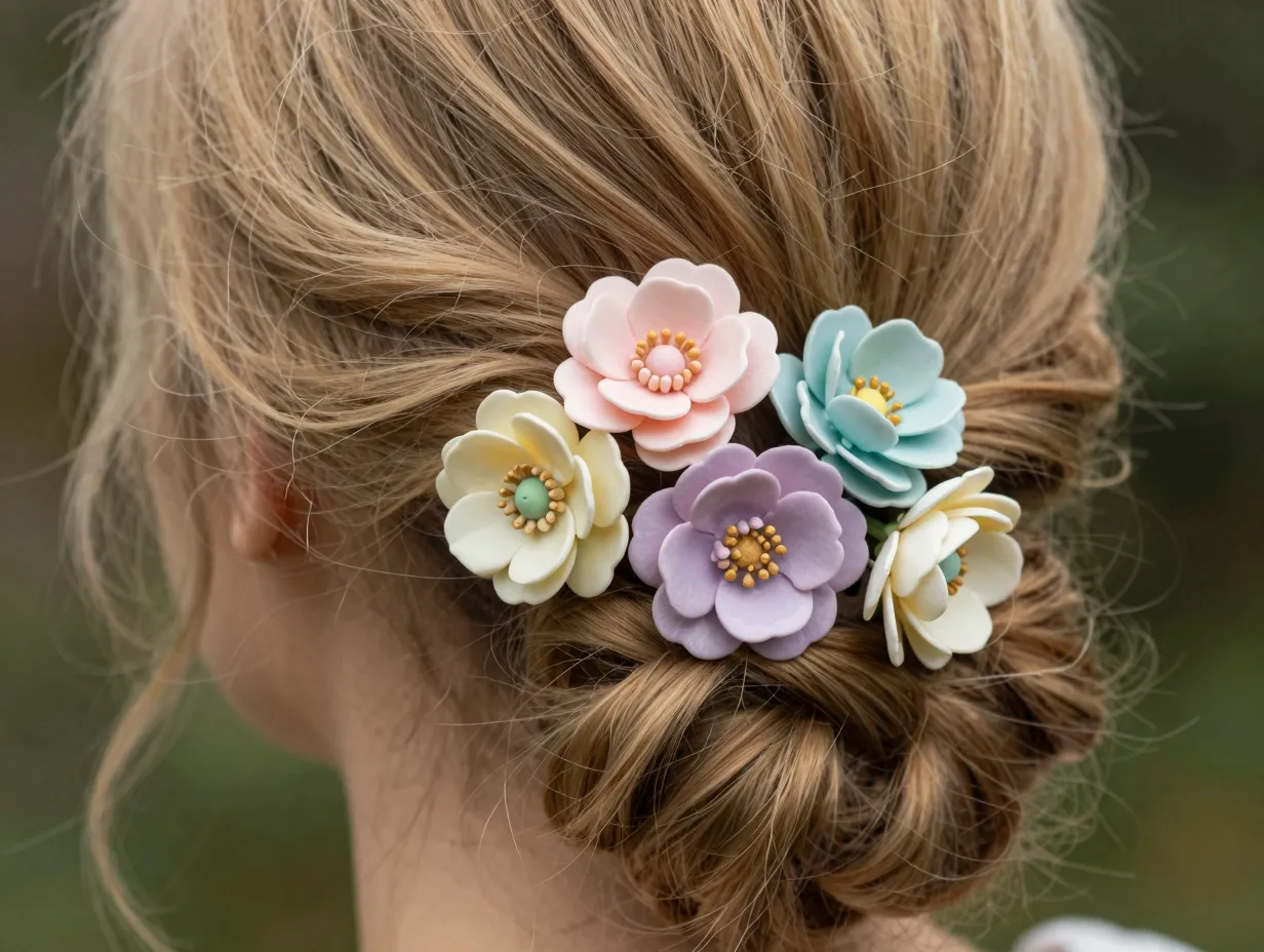 Floral hair pins tucked into romantic loose updo closeup