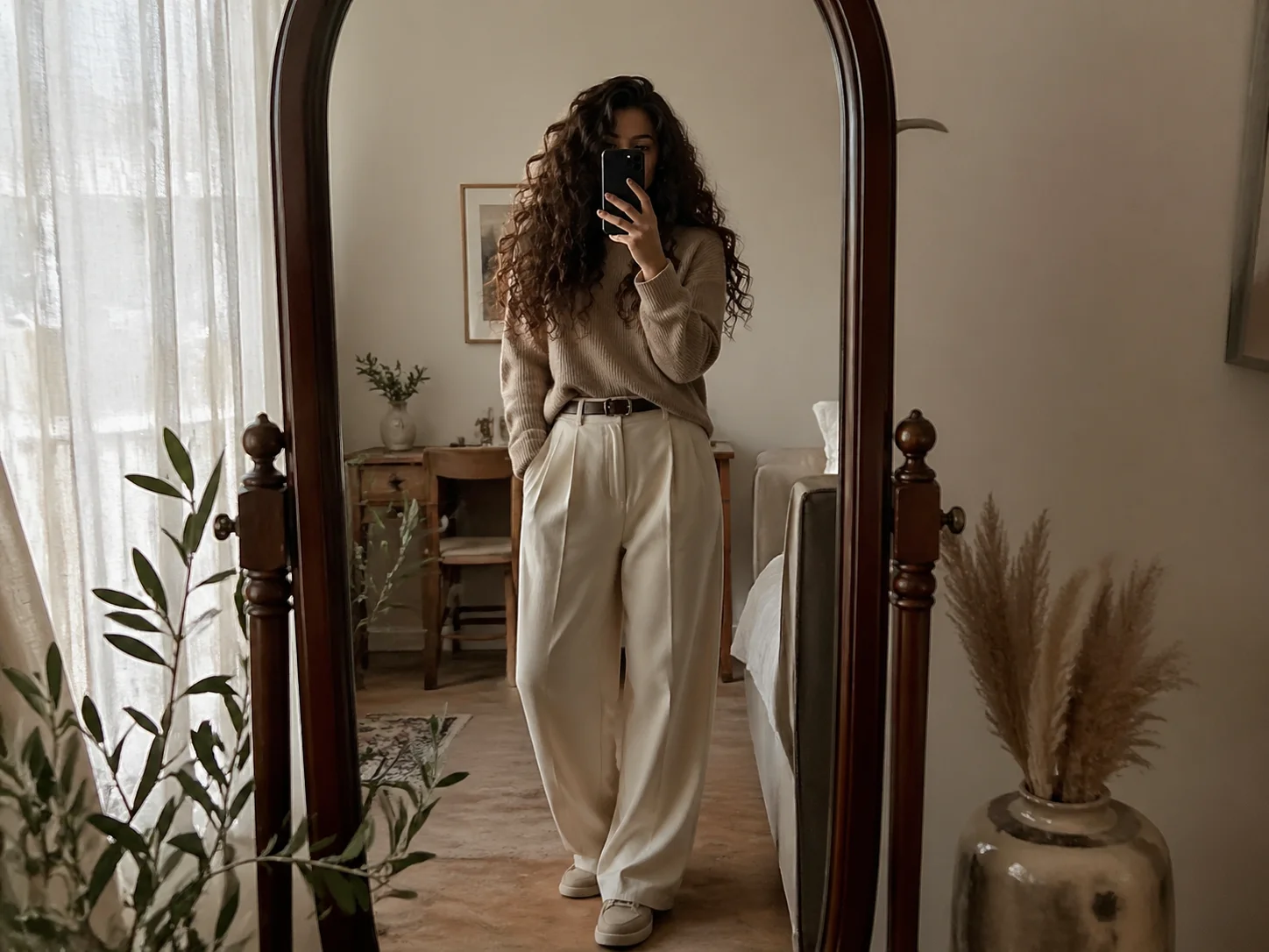 Mirror reflection shot of full look with voluminous curly hair