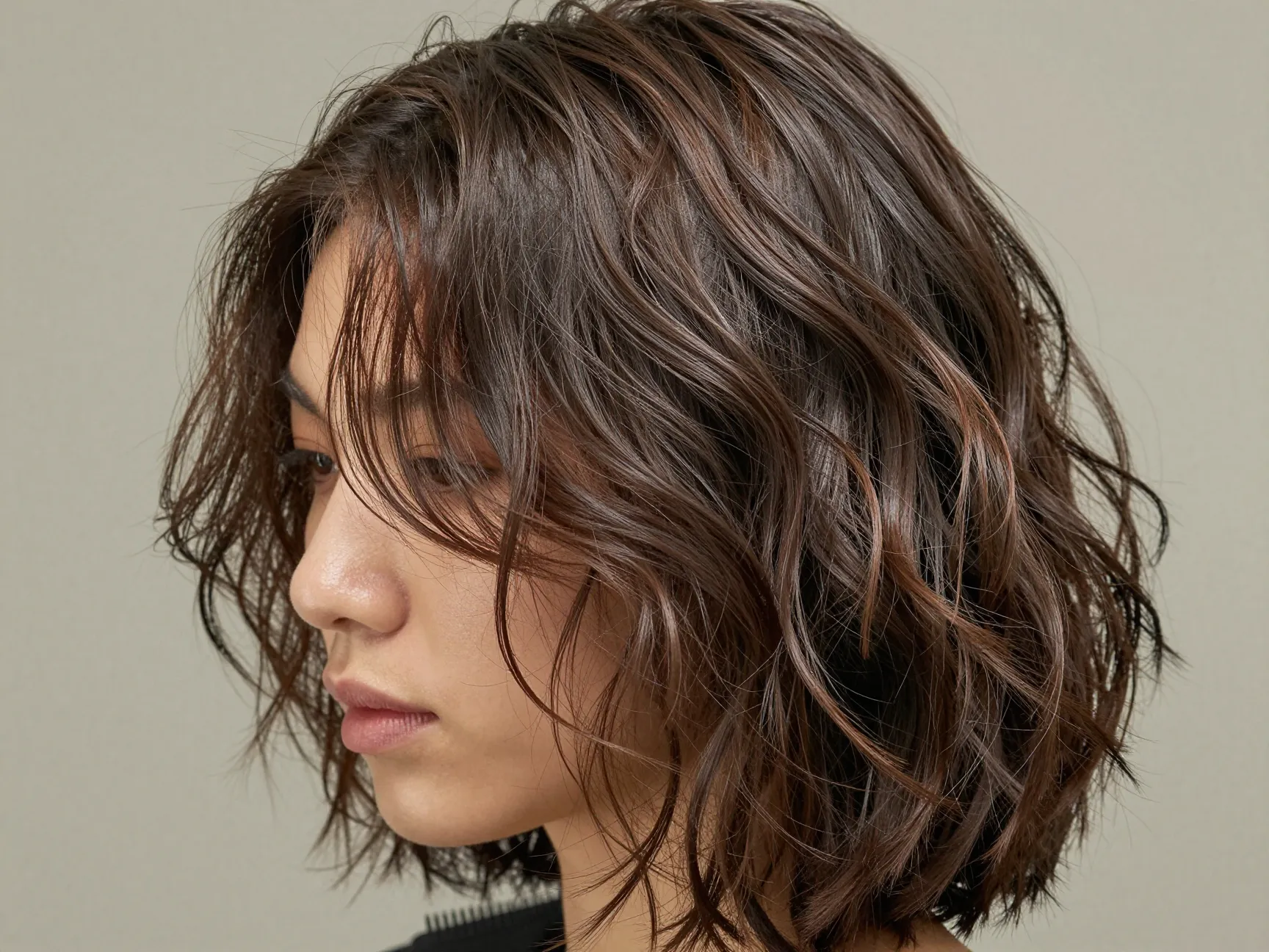 Textured slick back hairstyle with natural waves
