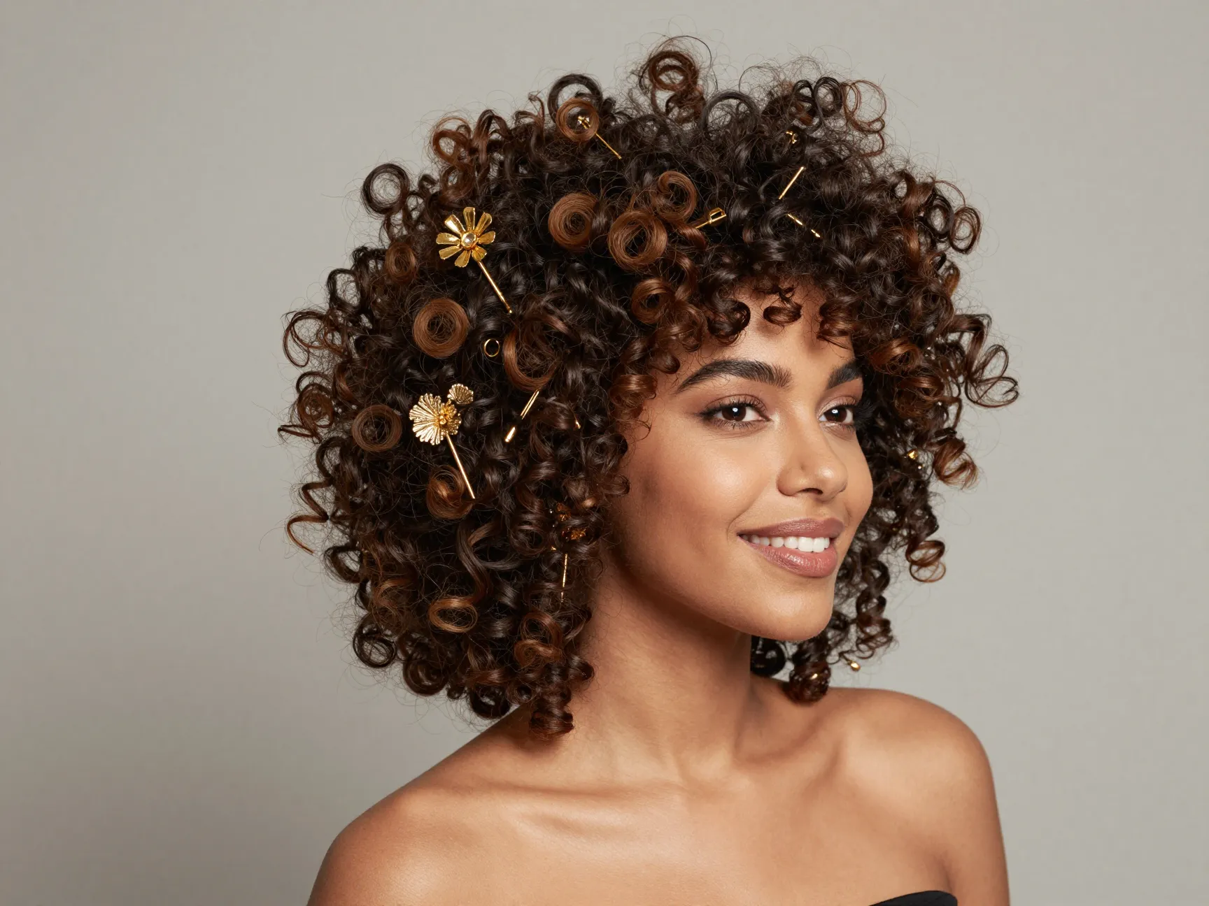 Voluminous curly updo with gold pins and simple strapless gown