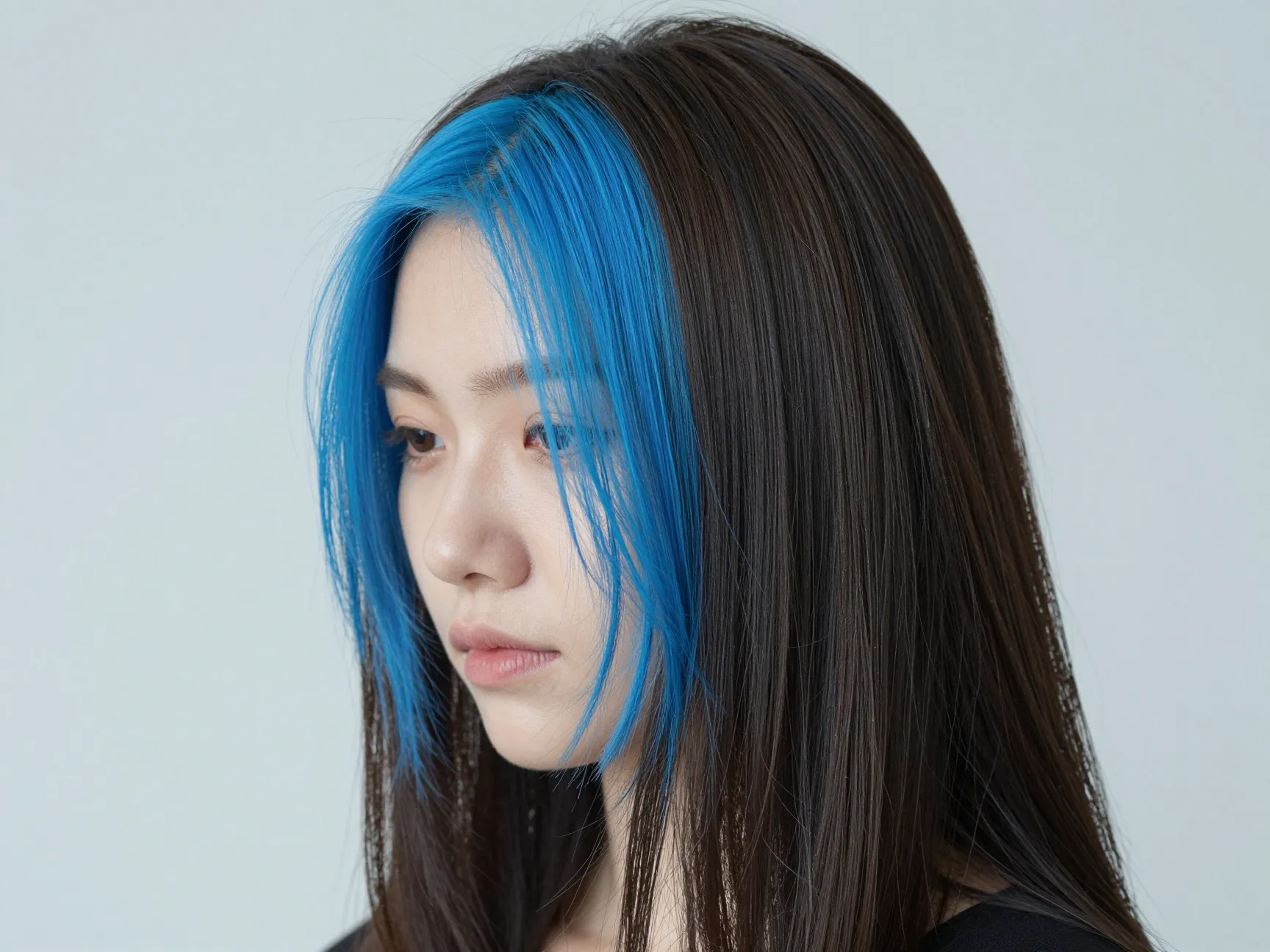 Icy blue money piece accent on dark brown base hair