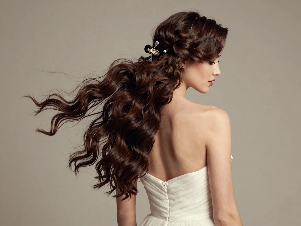 Side swept waves with decorative clip over one shoulder