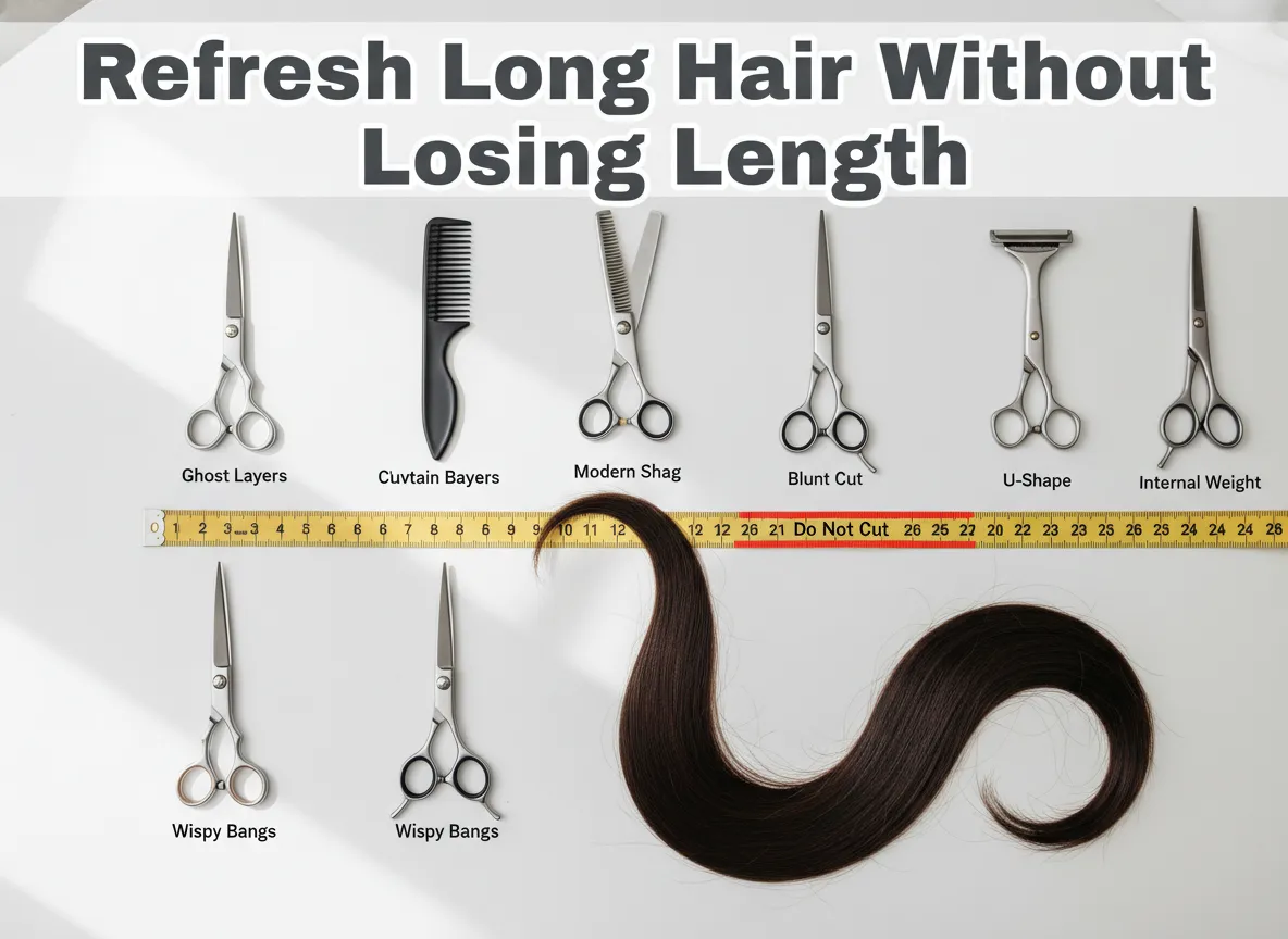 Flat lay nine hair tools measuring tape long strand do not cut
