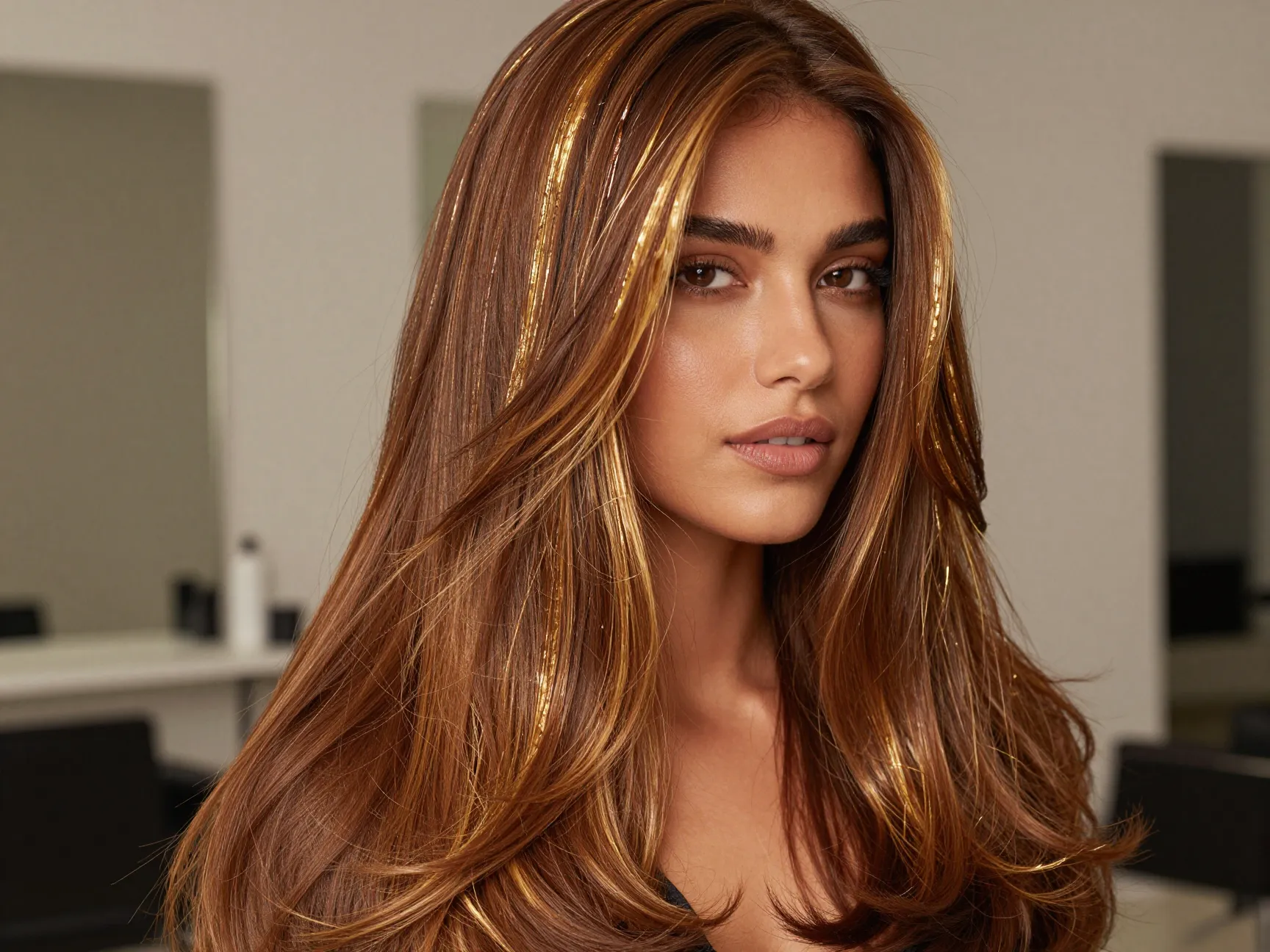Caramel foil highlights on chestnut brown hair model