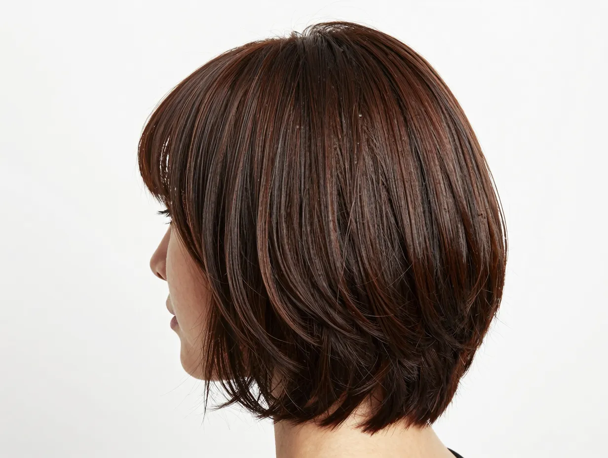 Classic crown butterfly layers on medium length hair with rounded silhouette