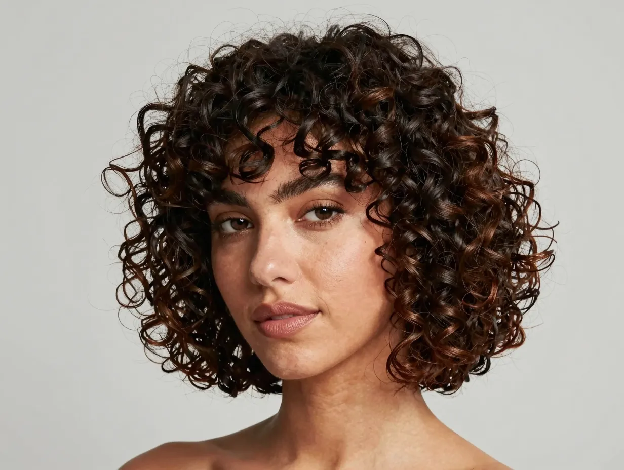 Layered curly bob tousled medium curls framing face studio portrait
