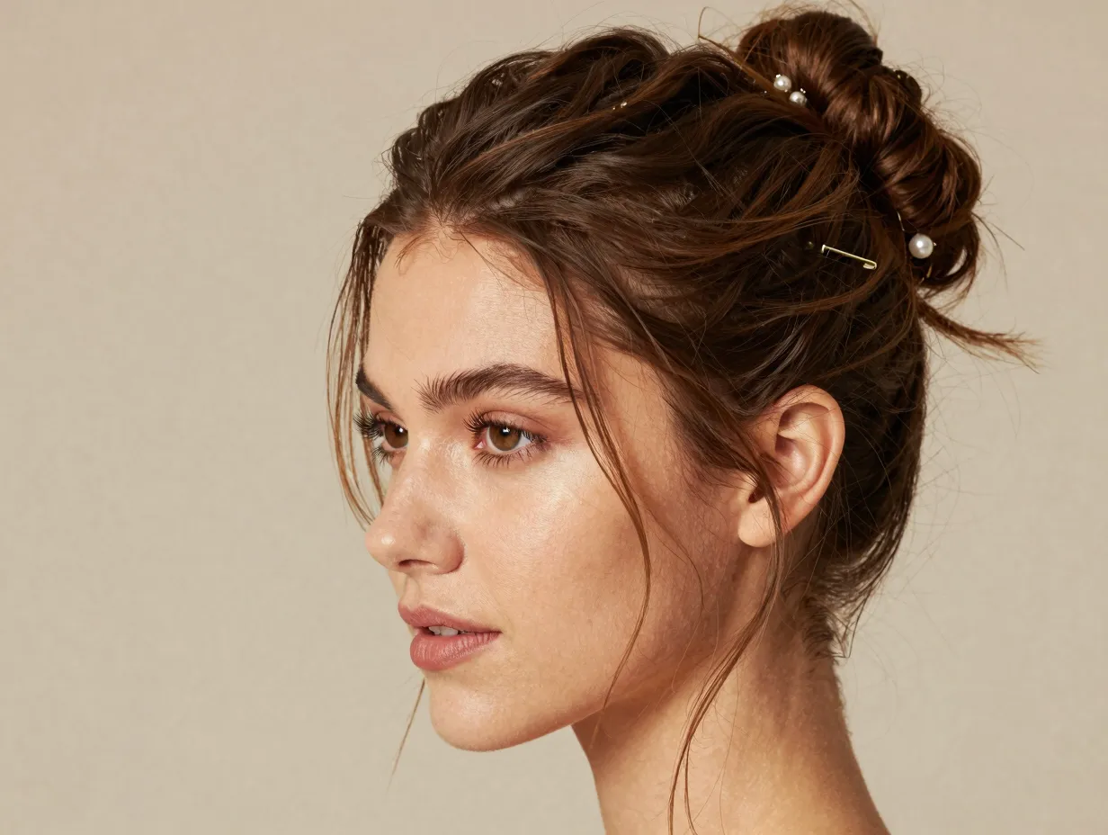 Medium hair half up twisted bun with face framing pieces romantic look