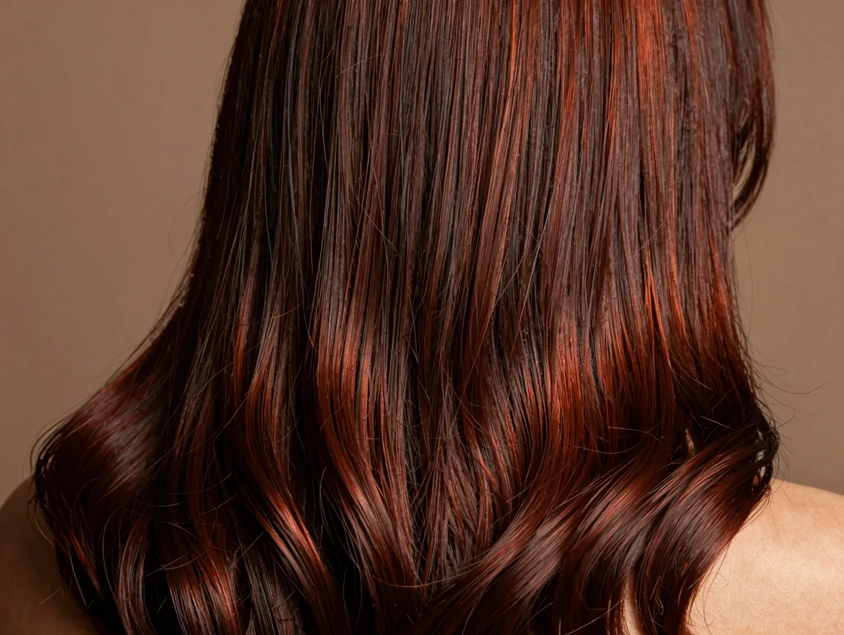 Rich molten chocolate brunette hair with red gold undertones glossy depth