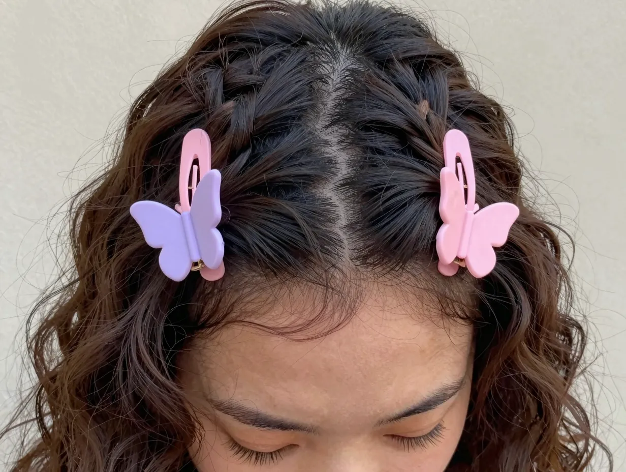 Two pastel butterfly clips holding twisted front hair strands
