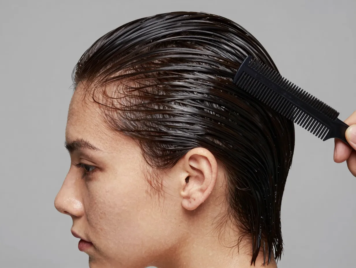 Wet look slicked back hairstyle with fine tooth comb and glossy pomade