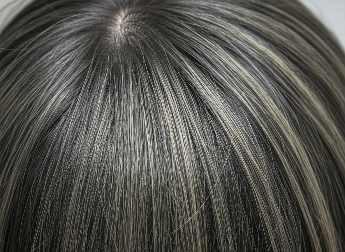 Ash blonde babylights on dark brown hair close up