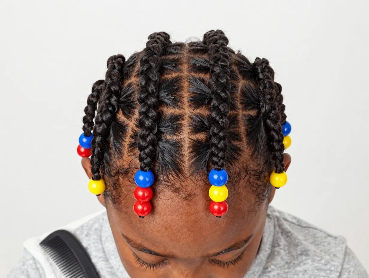 Simple straight back cornrows with colorful beads on child