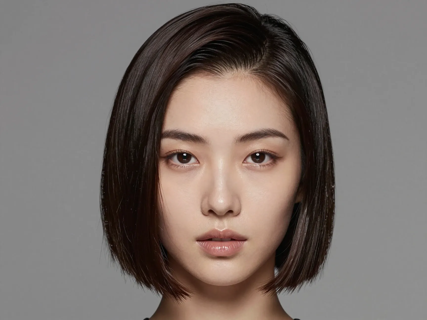 Slicked back bob hairstyle with crown volume and glossy blunt ends