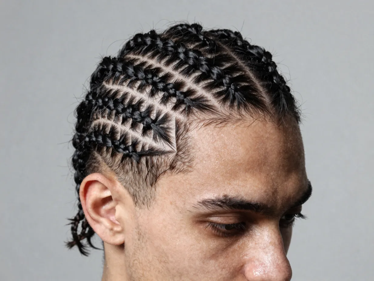 Zigzag cornrows angular geometric pattern bold lines on oval face