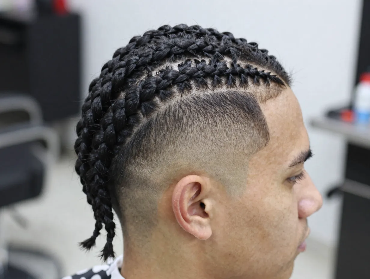 Cornrows with a sharp skin fade contrast braids and shaved sides