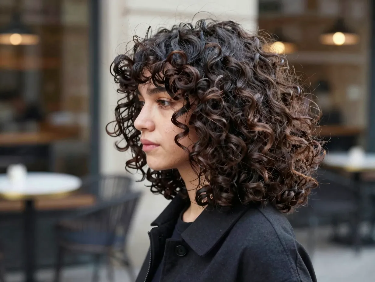 Full choppy layered curly shag haircut curtain bangs lifestyle