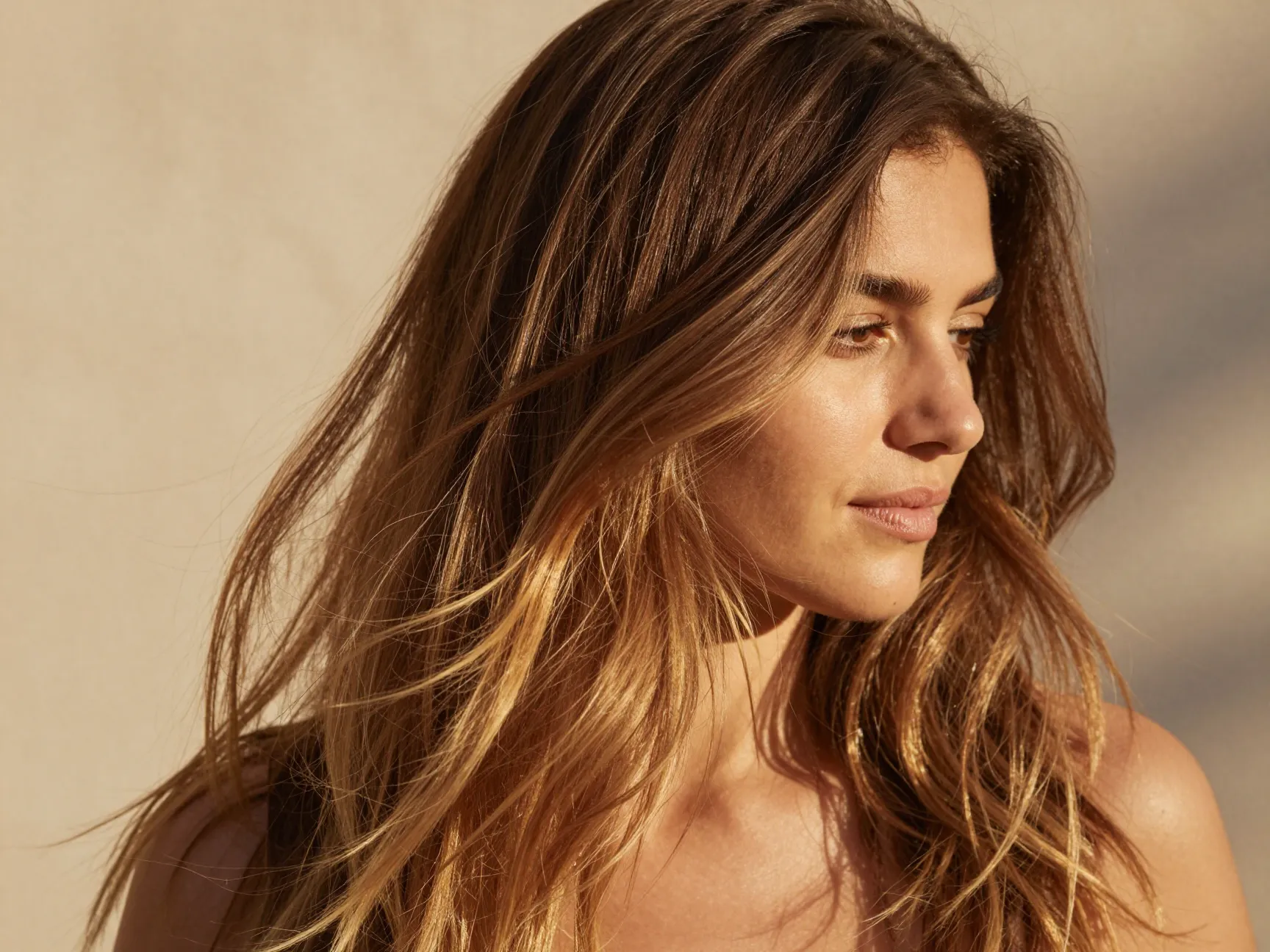 Honey balayage on medium brown hair sunlit