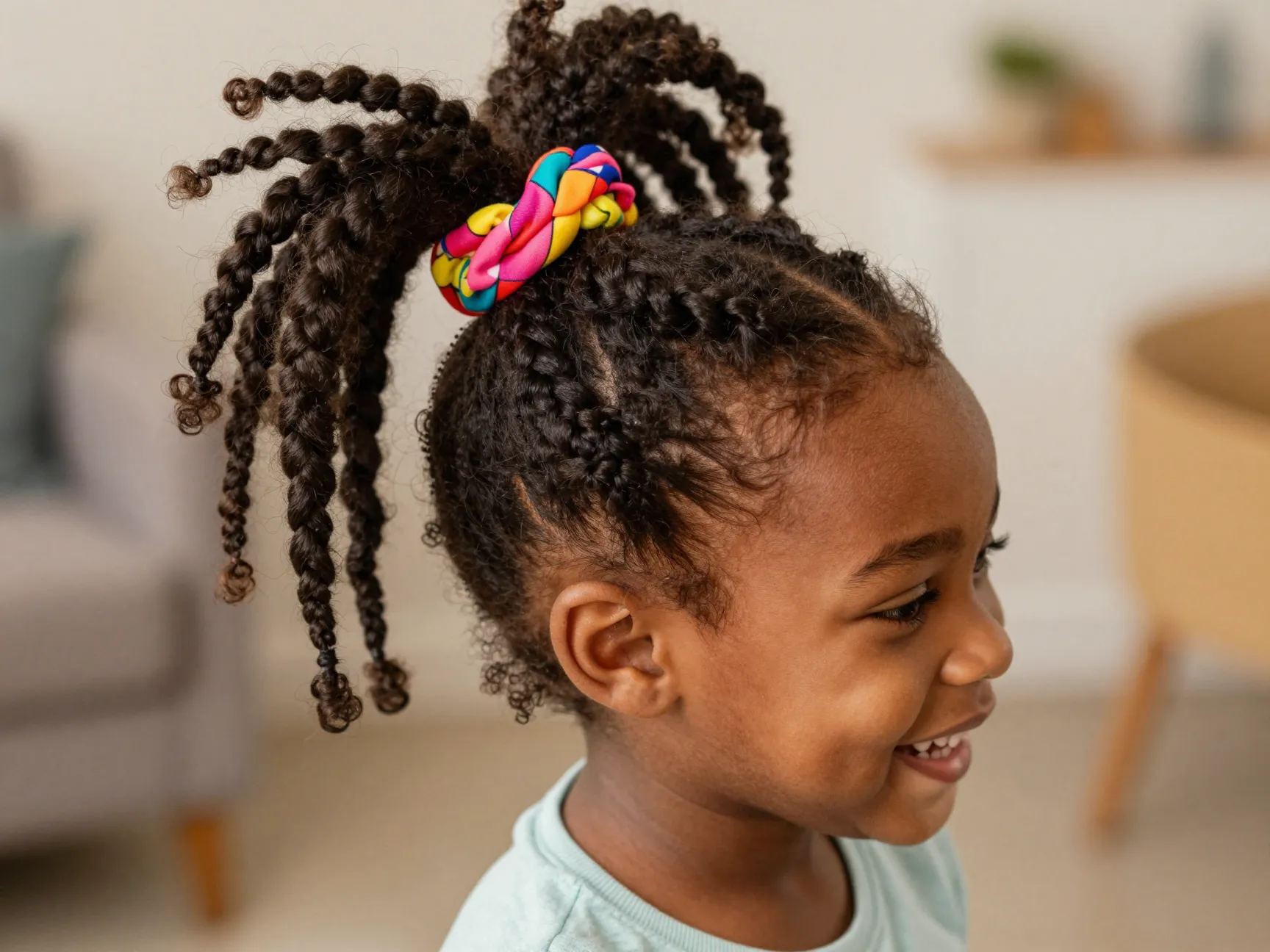 Jumbo box braids on toddler with hair tied in ponytail