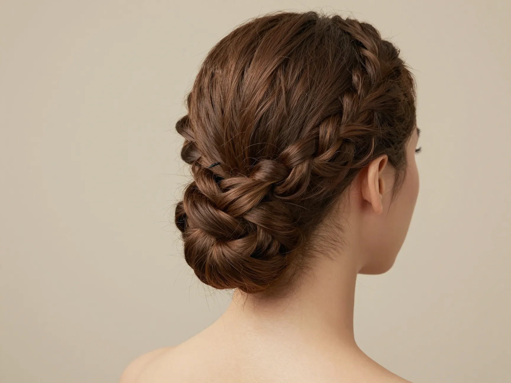 Low braided bun hairstyle coiled at nape of neck elegantly