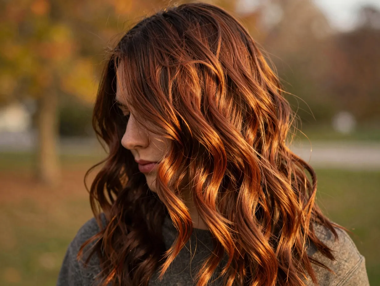 Multidimensional chestnut warmth brunette hair amber mahogany tones wavy