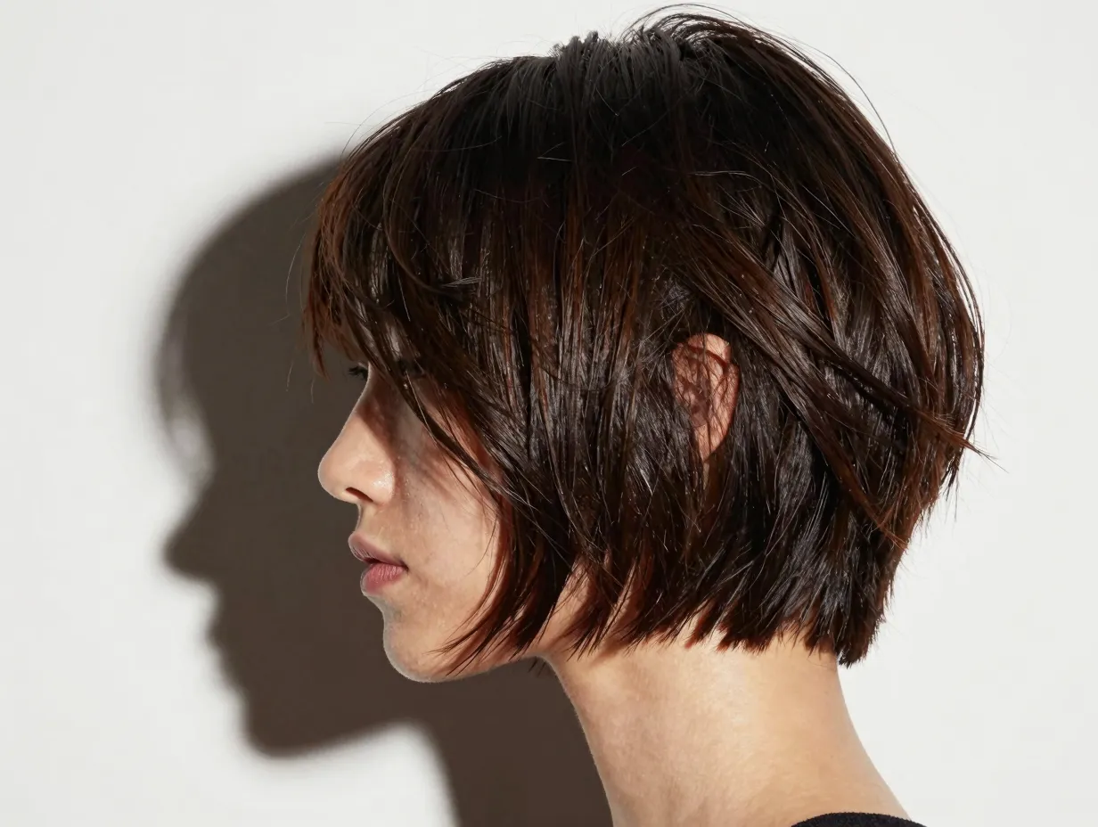 Short voluminous bob with internal butterfly layers for thick hair