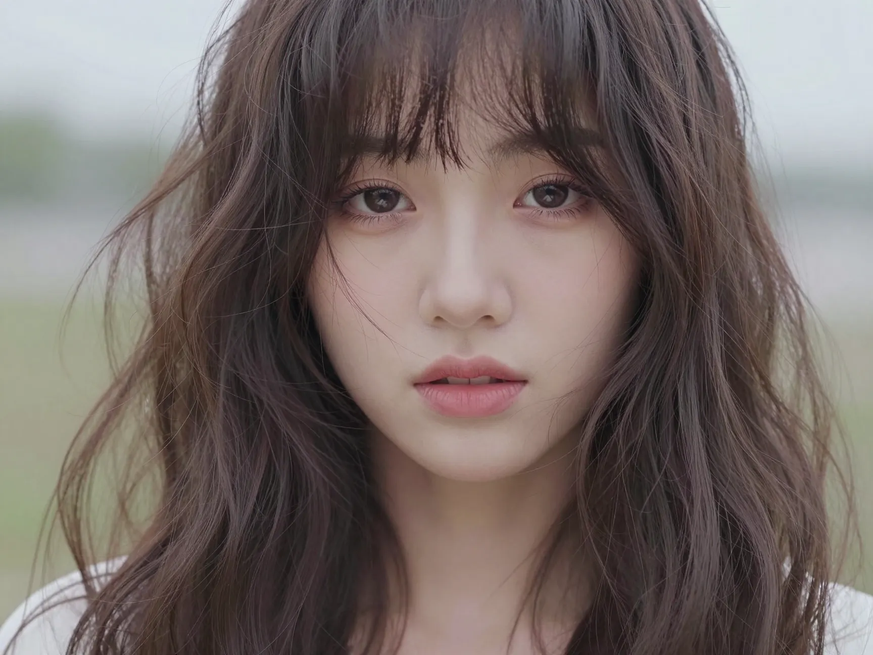 Wispy bangs grazing eyelashes on long hair with loose waves
