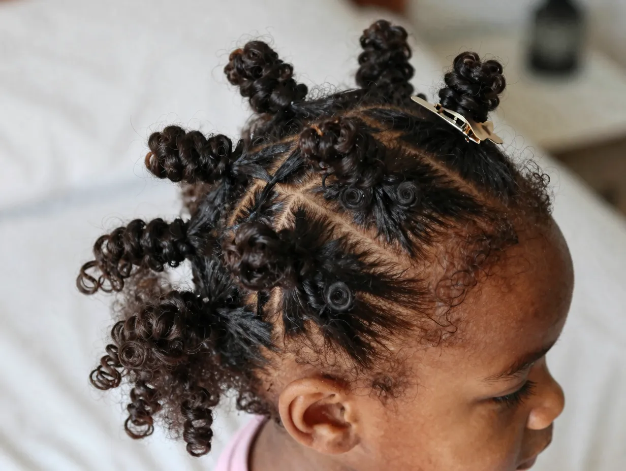 Bantu knots on childs head with spiral curls unraveling