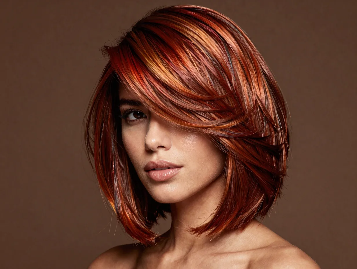 Copper and bronze highlights on warm brown hair