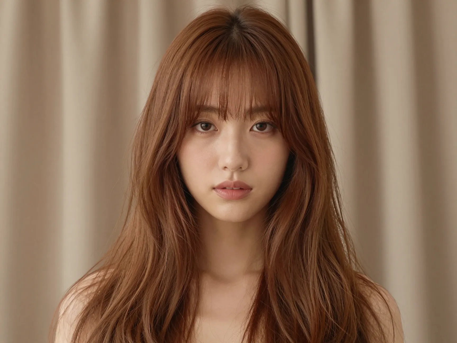 Curtain bangs center parted framing face with long layered hair