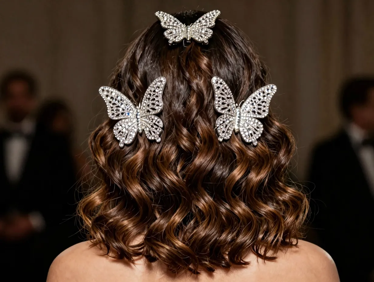 Half up wavy hair with symmetrical rhinestone butterfly clips
