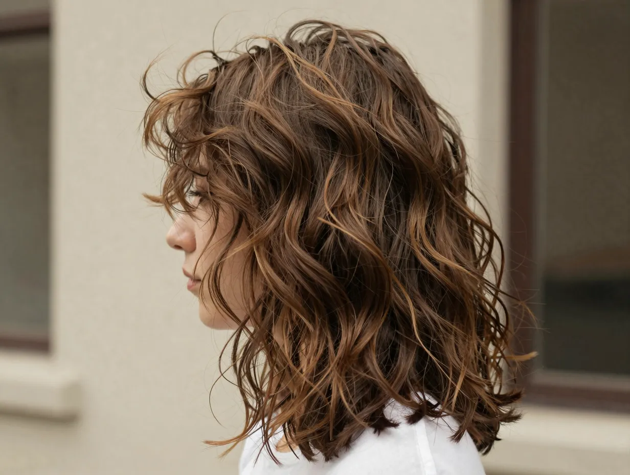 Shaggy butterfly layers with wispy ends on wavy medium hair