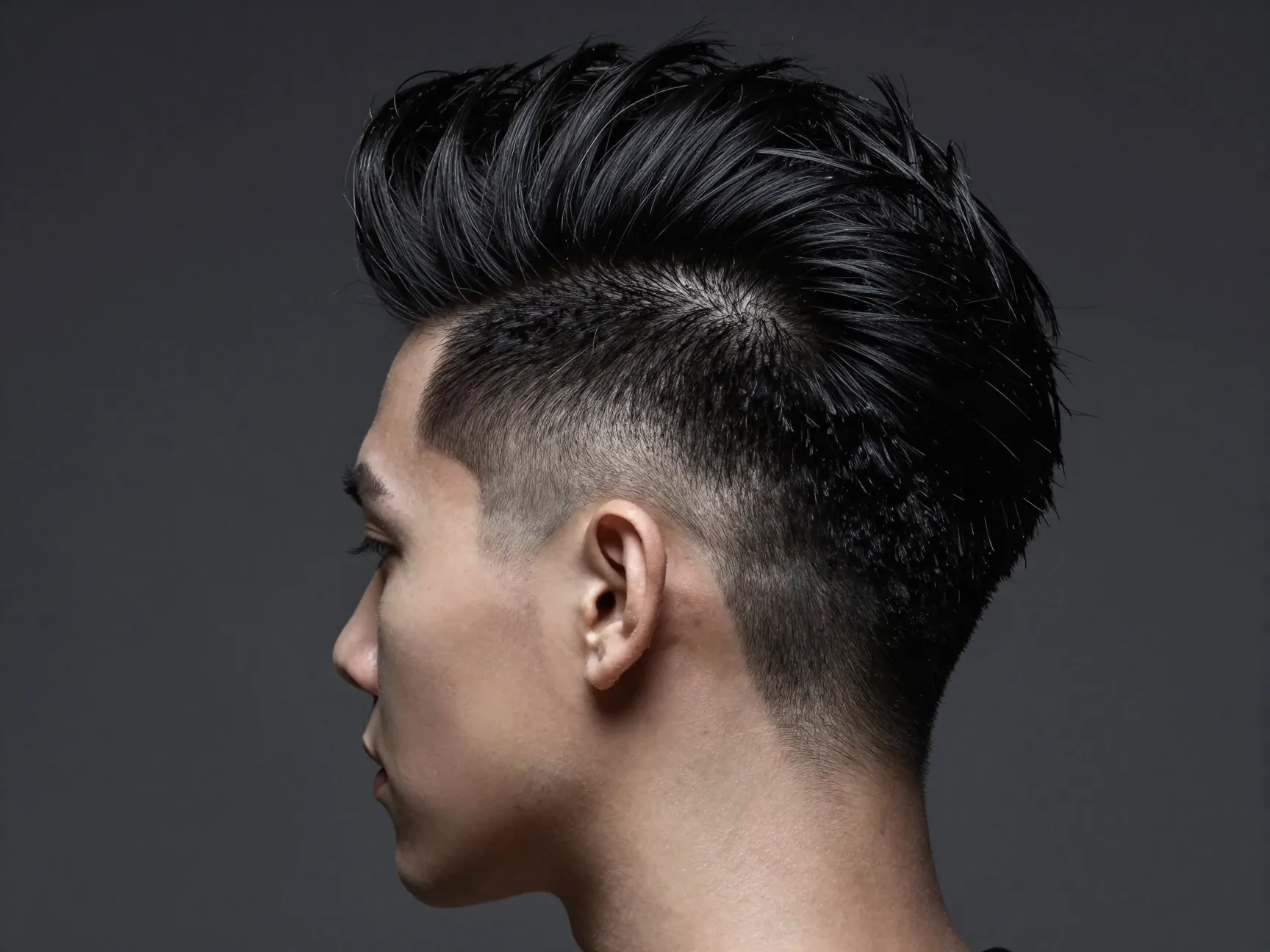 Voluminous slicked top hairstyle with shaved undercut sides