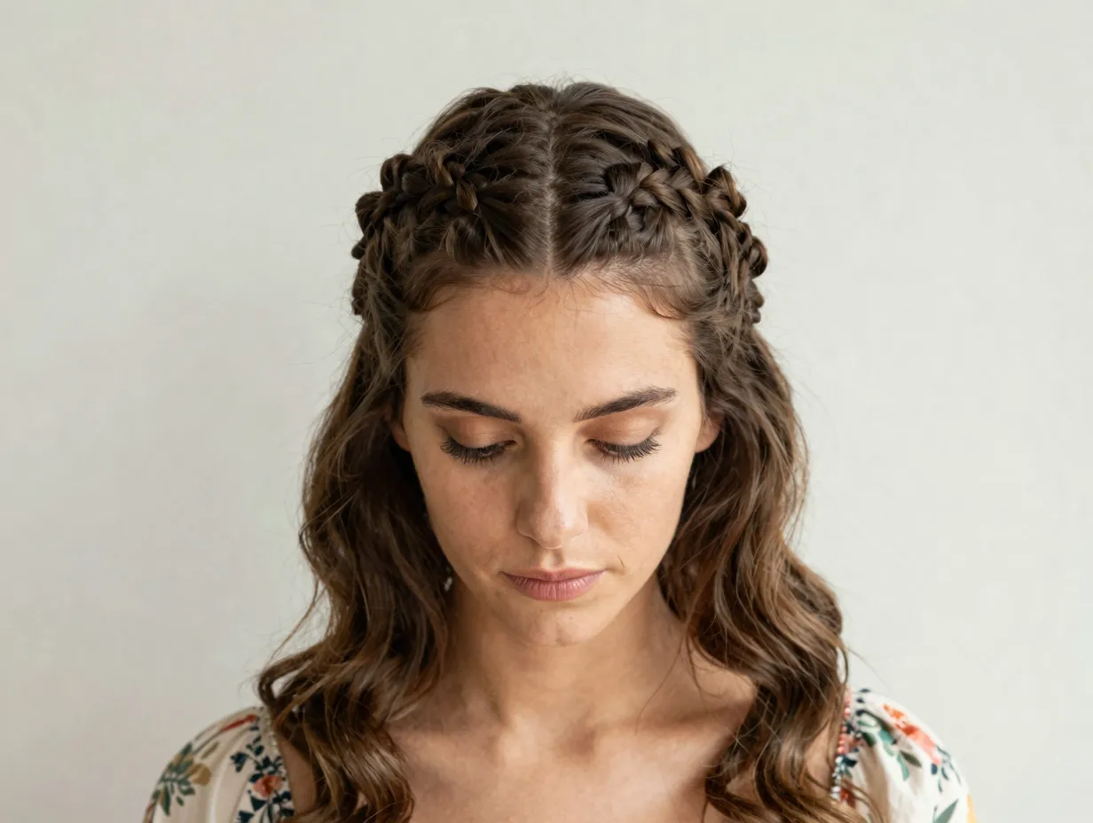 Braided half up crown with dutch braids across top and waves