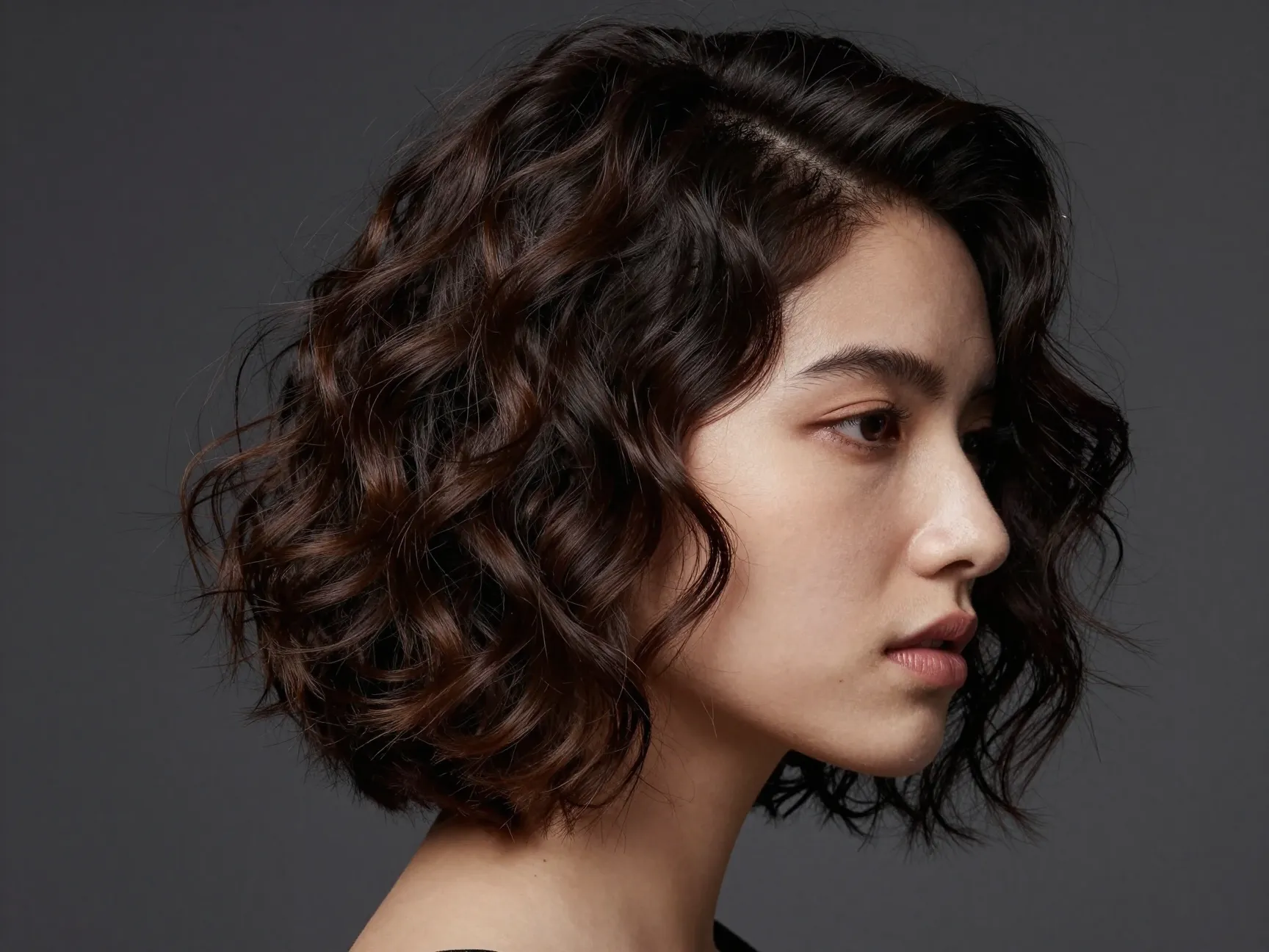 Deep side part short curly cut swept volume cascading waves