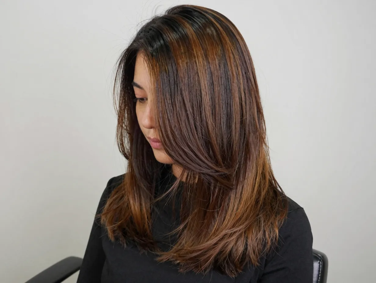 Dimensional brunette highlights with shadow root